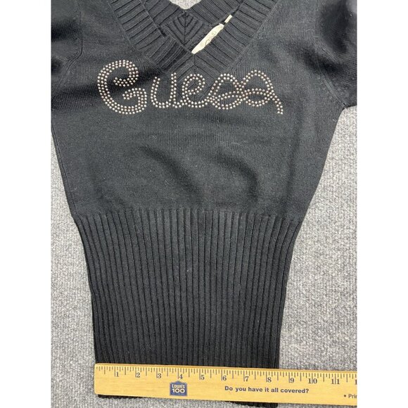 Guess Sweater Womens Small Black V-Neck Rhinestone Logo Ribbed Knit Pullover - Picture 7 of 9